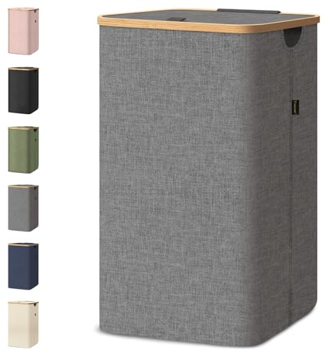 BALEINE Laundry Hamper with Lid, Tall Laundry Baskets with Bamboo Pull Handles, Large Laundry Bin with Internal Support (26 Gal/100L, Grey)
