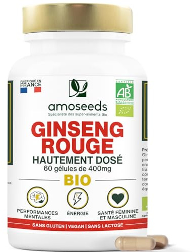 Panax Ginseng Rouge BIO de Corée | Extrait haute concentration | Énergie, Vigueur, Anti-stress, Concentration | 60 gélules de 400mg | Qualité Supérieure