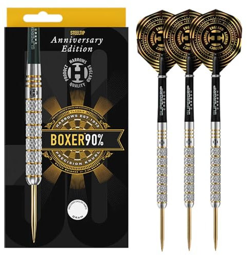 Harrows Boxer 90% Tungsten Steel Tip Darts Set | Erhältlich in 21g, 23g & 25g | Inklusive Midi Supergrip Carbon Schäfte & Neue Anniversary 100 Mikron Flights (23g)