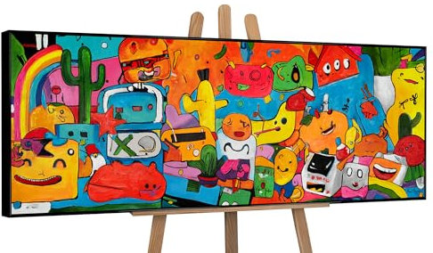 YS-Art Pop Art Abstrakt Acryl Gemälde auf Leinwand Farbenfrohe Welt handgemalt Wandbilder Wohnzimmer modern Wohndekor Bild froh lustig echte Kunst 150x50 cm