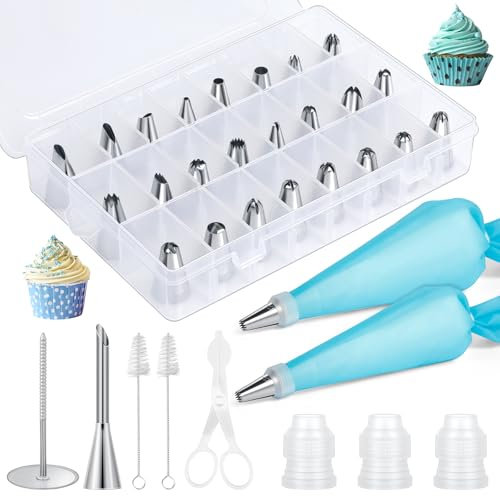 AiQInu Beccucci Sac a Poche Professionali 34 Pcs,sac a Poche in Silicone Riutilizzabile Lavabile, Saccapoche per Dolci, Sacca a Poche per Dolci,Kit Pasticceria con Beccucci per Torte Cupcakes Biscotti