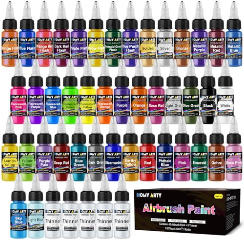 HOMY ARTY Vernice per aerografo, 43 colori con 5 diluenti, pronto da spruzzare, set di vernici acriliche ad acqua per metallo, plastica, tela, legno, 48 bottiglie