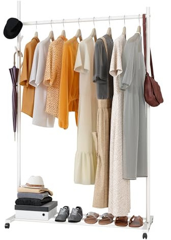 Klass Home Collection Portable Heavy Duty Clothes Rail For Bedroom, Home & Shops, 50KG Load Clothes Rack With Storage Shelf, Metal Clothing Rail For Hanging Garments, Coats (White With Wheels)