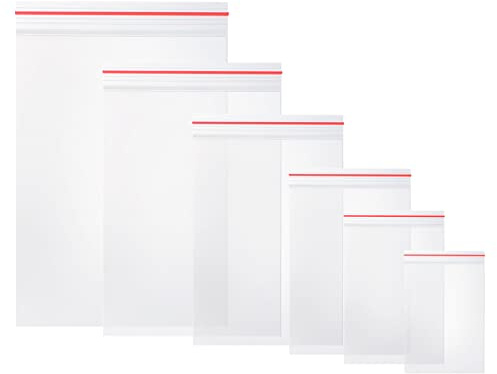 Vinabo 600 bolsas de plástico transparente con cierre de cremallera reutilizables para cocina, oficina, joyas, semillas y pequeños accesorios – 6 tamaños (100 x 6 bolsas)