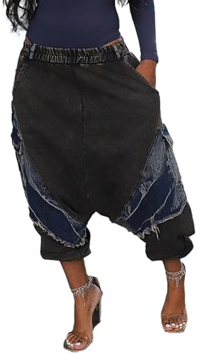 LETSVDO Harem Pants Women Capri High Waisted Baggy Wide Leg Barrel Balloon Y2k Fringe Loose Denim Jeans Sweatpants Black