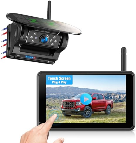 Solar Powered Wireless Reversing Camera Kit 5 1080P Monitor, 1 Min DIY Installation & Support 4 Split Screen, IP69K Waterproof Reversing Camera for Car Van Truck Trailer