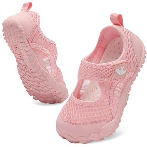 JOINFREE Beach Holiday Kids Water Shoes Barefoot Sandals Wide Fit Quick Dry Closed Toe Aqua Shoes for Swimming Seaside Summer Travel 10.5 Little Kid Pink