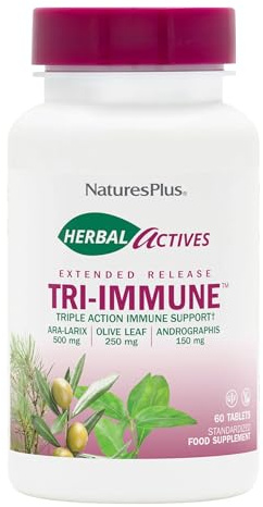 NaturesPlus Herbal Actives Tri Immune Tablets - Triple Action Immune Support with Zinc and Vitamin C, Olive Leaf, Arabinogalactans, Andrographis - Vegetarian, Gluten Free - 60 Tablets