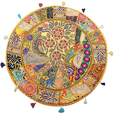 Stylo Culture Indien Dekorativ Rund Bodenkissenbezug Boho 80 x 80 cm Groß Meditationskissen Vintage Mango Gelb Bohemien Patchwork Wohnzimmer Baumwolle Bestickt Bodenkissen Balkon