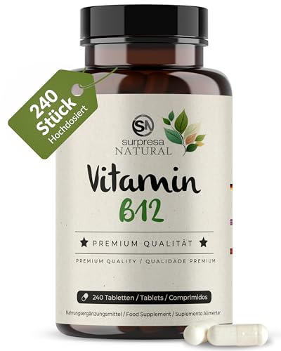 Surpresa Natural Vitamin B12 Tabletten I 1 x 240 Stück I Mit 500 µg Vitamin-B 12 aus Methyl- & Adenosylcobalamin I Vorrat für 8 Monate I Vitamin-B-Komplex hochdosiert I 100% vegan & natürlich