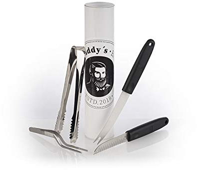 Buddy ́s Bar - Set de decoración de cóctel, acero inoxidable, 1 cuchillo de decoración, 1 cuchillo de cóctel, 1 pinzas de pinza, 1 pinzas para hielo, decoración de frutas para cócteles