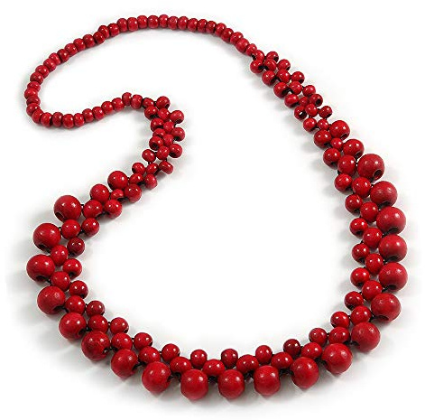 Avalaya Long Cherry Red Cluster Wood Beaded Necklace - 82cm Long