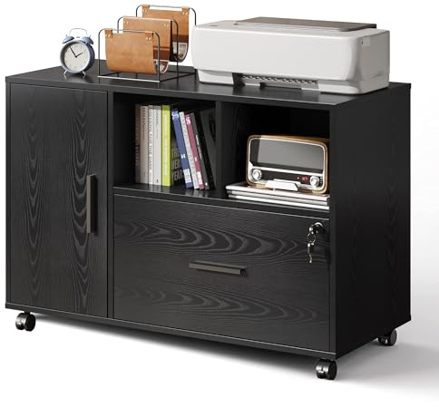 DEVAISE Office File Cabinet with Lock, 1-Drawer Wood Lateral Filing Cabinet on Wheels, Printer Stand with Open Storage Shelves for Home Office, Black