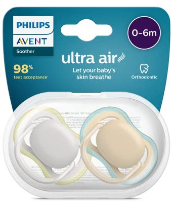 Philips Avent Ultra Air Schnuller 2 Stück - Bisphenol A Schnuller für 0-6 Monate Kinder (Modell SCF085/15) Braun/Grün