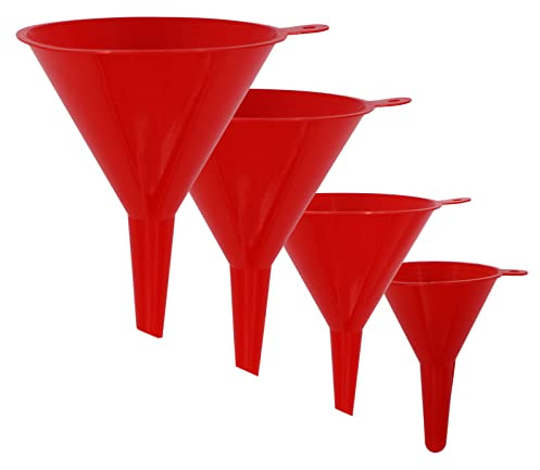 KongNai 4 Pieces Plastic Funnel Set for Kitchen and Automotive Use, Mini, Small, Medium and Large Funnel for Filling Bottles, Canning, Cooking, Lab or Car Oil Funnels (Red)