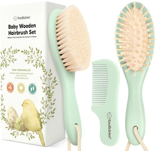 Baby Haarbürste & Baby Kamm Set - Baby Bürste mit weichen Ziegenborsten, Holz Babyhaarbürsten und Babykamm Set, Babybürste Neugeborene, Kleinkind, Säuglings Haarbürste, Wiegenkappe (Sage)