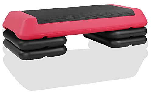 FUNJEPE Aerobic-Stepper mit 3 Stufen, höhenverstellbar, für Fitness und Training, mit 4 Erhöhungen, verstellbar von 10 cm – 15 cm – 20 cm (rot)