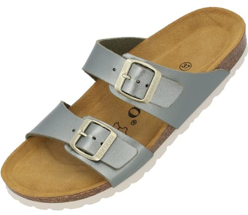 Palado Pantoletten Damen Samos - elegante Sandalen Made in Spain - bequeme Hausschuhe mit dämpfendem Kork-Fußbett - modische Sommerschuhe Metallic Olive UK8 - EU41