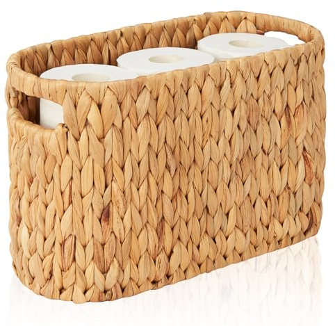FairyHaus Wicker Toilet Paper Storage Basket with Buit-in Handles, 6 Rolls Natural Water Hyacinth Toilet Paper Holder Stand with Storage, Freestanding Handwoven Toilet Paper Holder Basket for Bathroom