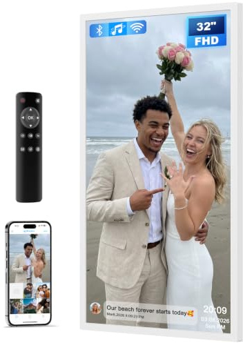 Arktronic Extra stor digital bildram 32 tum, 1920 x 1080 FHD IPS WiFi digital fotoram med fjärrkontroll, 64 GB lagring, automatisk rotering, dela foto/video direkt via appar/e-post, USB/Mirco SD, vit