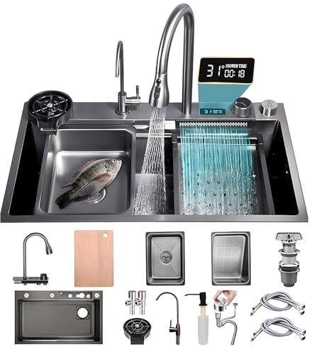 KOOGIMDDR lavello cucina 85x50 da cascata nero, lavello da cucina con Può visualizzare la temperatura dell'acqua, lavello domestico set, lavandino del bar multifunzionale