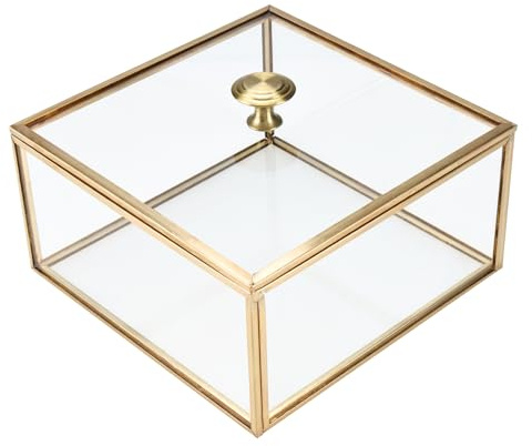 Homtone 16 x 16 x 8 cm koppar gyllene vintage glaslåda med lock, dekorativa fyrkantiga smycken souvenir display arrangör klar rektangel gyllene låda för bröllopsfest dekor med öppet lock