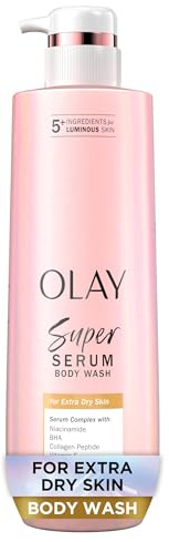 Olay Super Serum Body Wash for Extra Dry Skin, 24hr Long Lasting Hydration, 5+ Ingredient Complex for Bright Even Firm Luminous Skin, with Vitamin E, and Shea Butter 18.5 Fl Oz