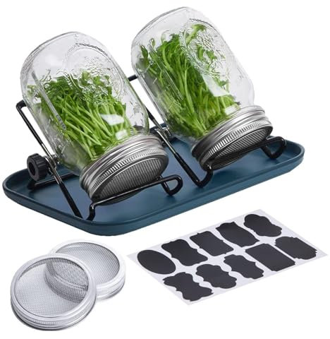 Soportes y bandeja para tarros, kit de germinación de germinación, kit de tarros de germinación, juego de germinación de tarros Mason con soporte de acero inoxidable y bandeja para jardinería en casa,