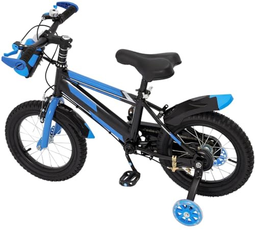 WSIKGHU 14 Zoll Kinderfahrrad für ab 3-7 Jahre Jungen & Mädchen, Upgraded Blau Kinder Fahrrad mit Stützrädern, Höhenverstellbar Kinderfahrräder mit Schutzblech und Trinkflasche für Outdoor Reiten