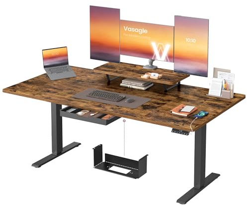 VASAGLE Electric Standing Desk, Height Adjustable Desk, 160 x 80 cm, Flexible Monitor Stand and Drawer, USB-C Port, Sedentary Reminder, for Home Office, Rustic Brown LSD156KD02