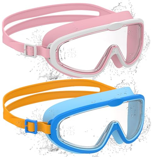 Ambienden 2 Pcs Occhiali Nuoto Bambini, Anti-Fog con Visione Chiara, Protezione UV, Guarnizione in Silicone, Telaio Grande Occhiali da Nuoto Unisex per Bambini da 6 a 14 anni, P
