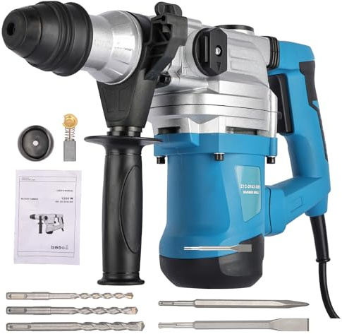 Martillo Perforador 1500W, 6J Energía de Impacto SDS Plus Mandril 3 Funciones con Embrague de Seguridad Control de Vibraciónpara Hormigón Piedra y Ladrillo Incluye 3 Brocas y 2 Cinceles Azul