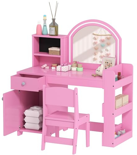 AIYAPLAY Kids Dressing Table with Mirror and Stool, Girls Dressing Table with 2-Colour LED Mirror, Cabinet, Drawer, Bookshelf and Shelves for Ages 3-8 Years, Pink