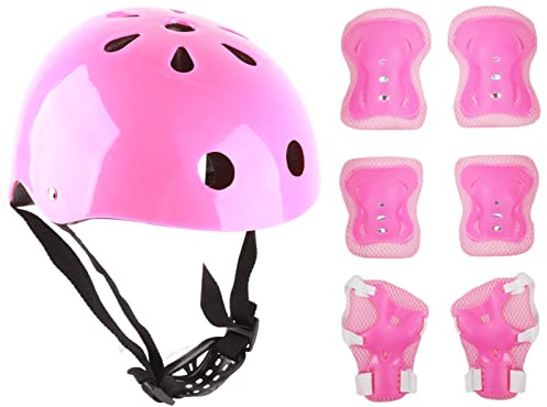 POENVFPO Juego de Casco y Almohadillas para Niños, Equipo de Protección de 6 Piezas para Niños y Niñas con Rodilleras, Coderas y Muñequeras (Pink)