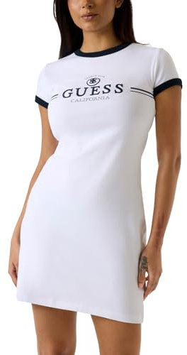 GUESS Abito Corto Mila Sportivo, Bianco con Dettagli Blu Navy, Cotone Elasticizzato, Logo California, Maniche Corte, Taglia XS