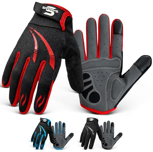 SAWANS Full Finger Cycling Gloves for Men & Women Mountain Bike Gloves Breathable Touchscreen Padded Anti-Slip Shock Absorbing MTB Riding, Road Racing, Bicycle BMX & Motorcycle (Red, L)