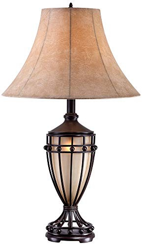 Franklin Iron Works Cardiff Traditional Table Lamp 33 Tall with Night Light Brushed Iron Cage Champagne Urn Glass Beige Bell Flared Shade for Bedroom Living Room House Bedside Nightstand Office