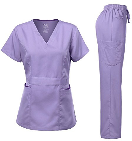 Dagacci Medical Uniform Women's Scrubs Set Stretch Contrast Pocket Lavender M