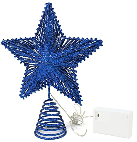 CVHOMEDECO. Blue Glittered 3D Tree Top Star with Warm White LED Lights and Timer for Christmas Ornaments and Holiday Seasonal Décor, 8 x 10 Inch