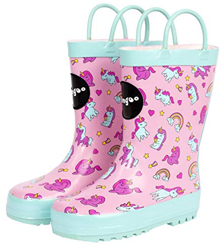 fringoo - Bottes de pluie pour enfants - Caoutchouc - Accents bleu pastel - Motif multicolore licorne et arc-en-ciel - Bottes de pluie pour enfants