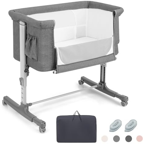 RELAX4LIFE 3 in 1 Culla Neonato Fianco Letto, Culla da Campeggio con Materasso e Cinghia Fissaggio, Regolabile In Altezza 5 Posizioni, Borsa per il Trasporto, per Bambini 0-6 Mesi (Grigio Chiaro)