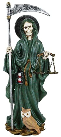 Ebros Gift Standing Santa Muerte Holding Scythe and Scales of Justice with Wise Owl Figurine 10.25 H Holy Death Bone Mother Patron of Wisdom Wealth Protection Purity Love Health (Green)