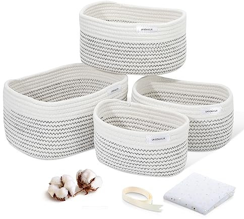 LA BONHEUR Aufbewahrungskorb Korb Baumwollseil Geflochten 4er,Körbe Aufbewahrung Bad Wickeltisch Organizer Flechtkorb Baby Erstausstattung Neugeborene Wickeltisch (Geschenkverpackung Star Gaze Band）