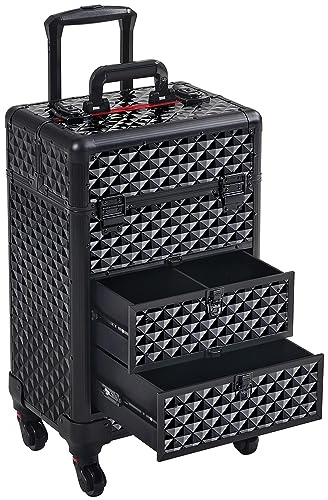 Yaheetech Valise de Maquillage Professionnelle avec Tiroirs Mallette Cosmétique à roulettes Pivotante à 360° Voyage pour Esthéticienne Coiffeuse Manucure 34,5 × 24,5 × 58 cm Noir