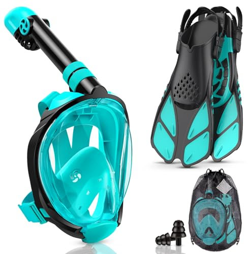 Lealinga Tauchmaske Vollgesichtsmske mit flossen, Schnorchelmaske Erwachsene, Vollmaske Müheloses Atmen, Kein Beschlagen, Kein Eindringen von Wasser, 180°Sichtfeld und Kamerahaltung