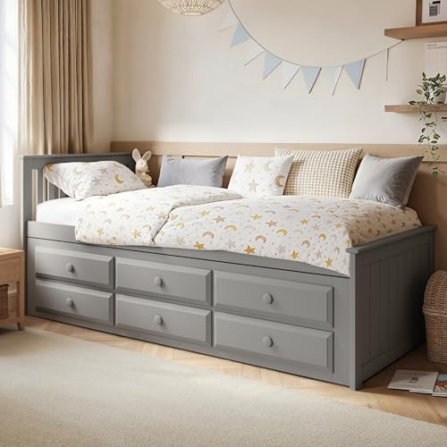 Flair Furnishings - Grey Single Bed with Pull Out Trundle, Wooden Guest Bed with Storage, Distinct and Stylish, Durable and Long Lasting