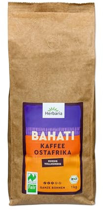 Herbaria BAHATI Bio Kaffee ganze Bohnen 1kg – Naturland Fair zertifiziert aus Ostafrika – feinste Kaffee-Aromen nach gerösteten Nüssen & Schokolade – Bio Kaffeebohnen perfekt für Kaffeevollautomaten