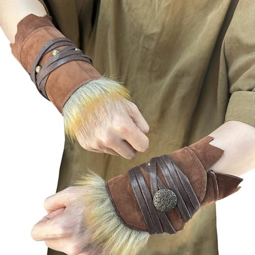 HiiFeuer Bracciali medievali in pelle scamosciata, bracciali in pelliccia artificiale rinascimentale, fascia da polso vichinga, protezioni per braccio da tiro con (Marrone A)