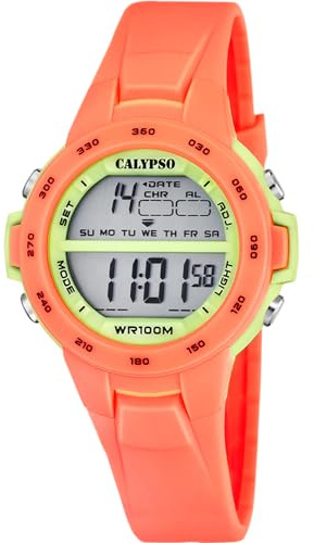 Calypso Kinderuhr Digital - Kautschuk Orange - Wasserdicht 10 ATM - Datum & Kalender Chronograph Doppelte Zeitzone Licht Alarm 12/24h - Junior Collection - K5850/4