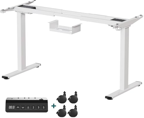 Devoko Estructura de Escritorio Regulable en Altura 73-120cm con 2 Motores Potentes Marco de Escritorio de pie con 3 Botones de Memoria y Ruedas, Ganchos, Caja de Gestión de Cables Blanco